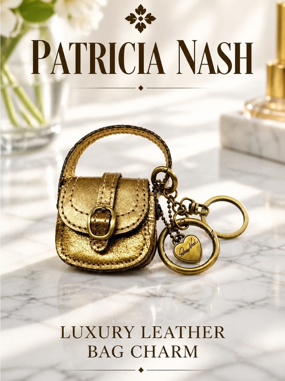 Patricia Nash Metallic Gold Mini Saddlebag Keychain Charm
